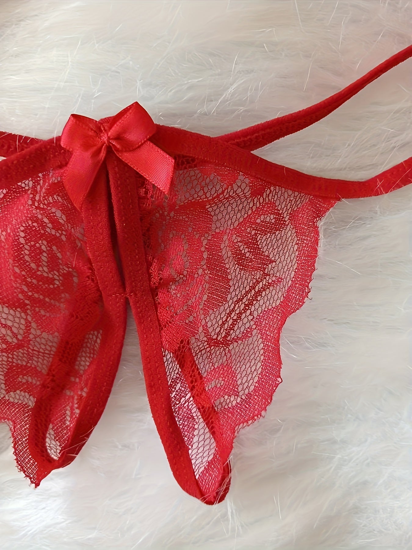 Lingerie Set with Deep V Neckline and See-Through Back, Includes Bra and Open Crotch Thong