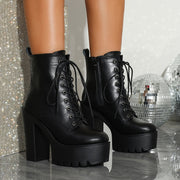 Women Ankle Booties Platform Chunky Heel Black Solid Color Lace-Up Non-Slip Dress Shoes
