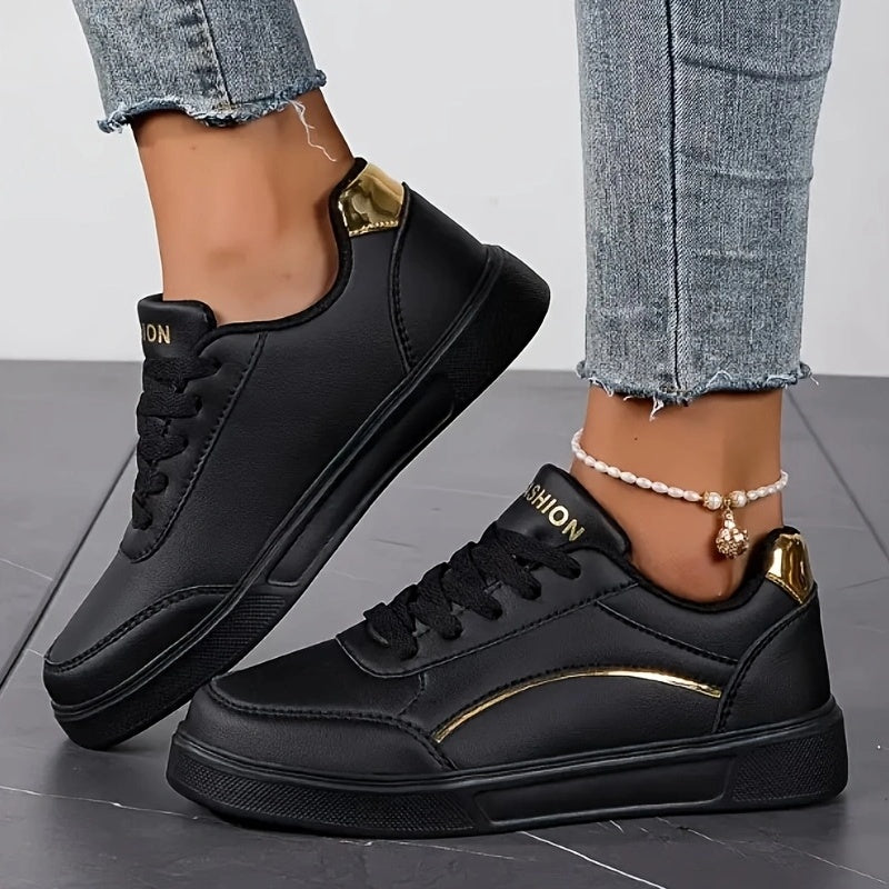 Women's Breathable Skate Sneakers Lightweight Casual Shoes Black Gold