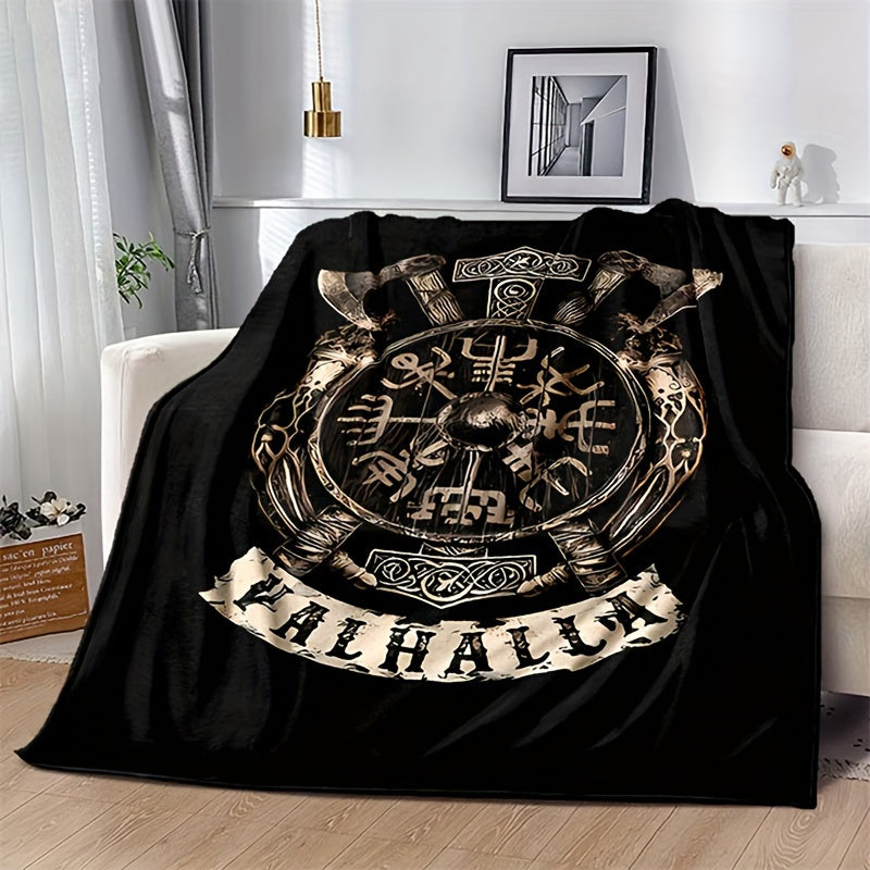 Plush Flanged Blanket with Retro Viking Logo Print for Camping Sofa Bed Couch and Office