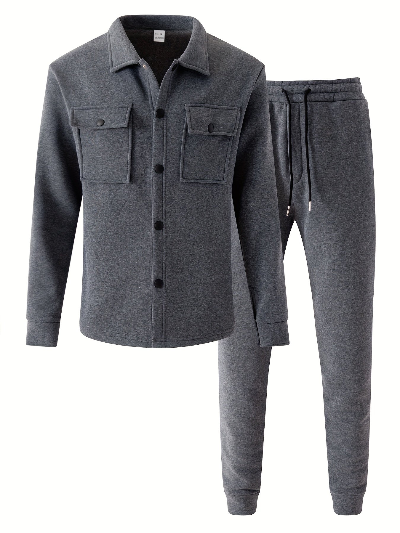 Men's Polyester Winter Outfit Set Button-Up Shirt and Pants Solid Color Fall Winter