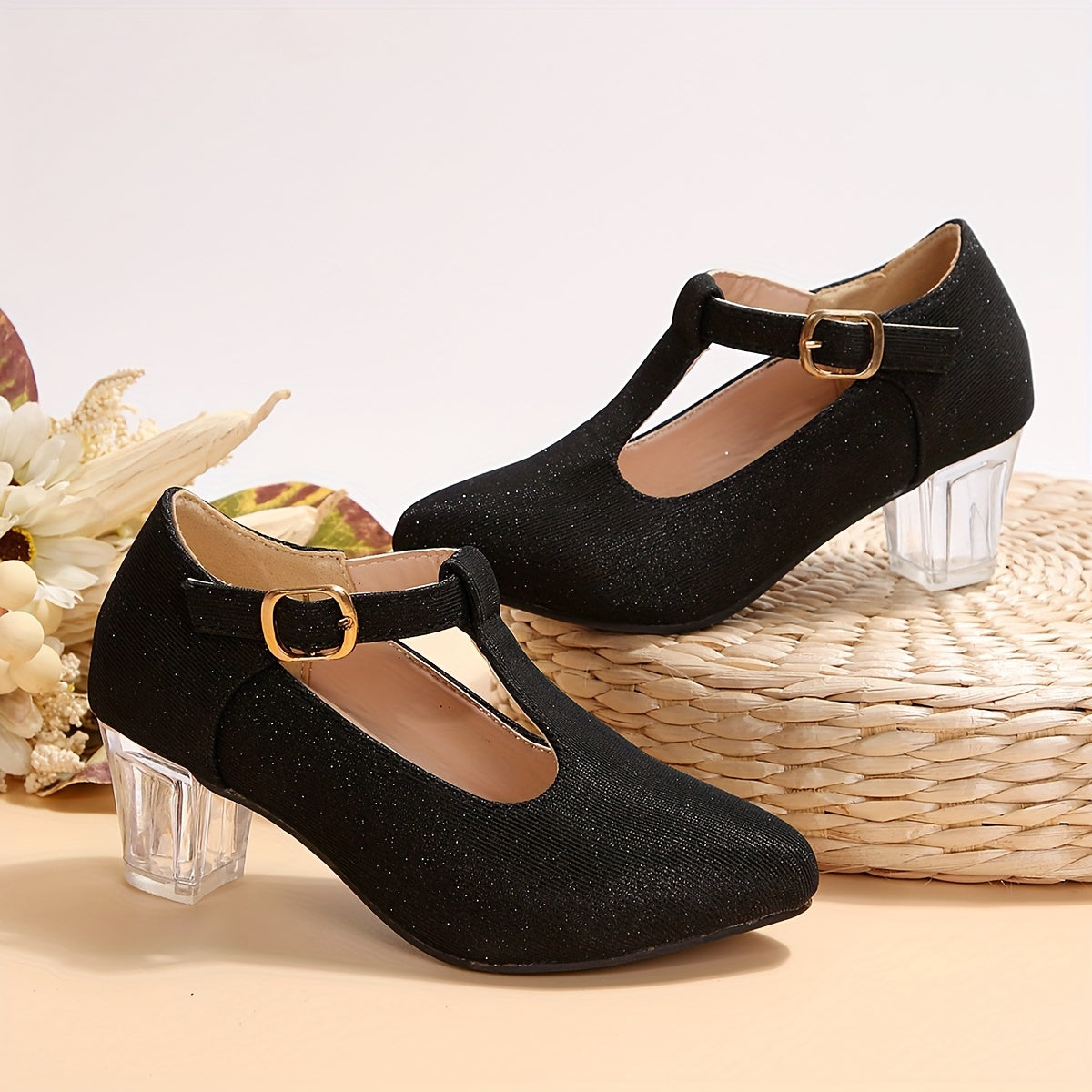 Girls High Heeled Shoes Spring Autumn Embroidered Flower Glitter PVC Pointed Toe