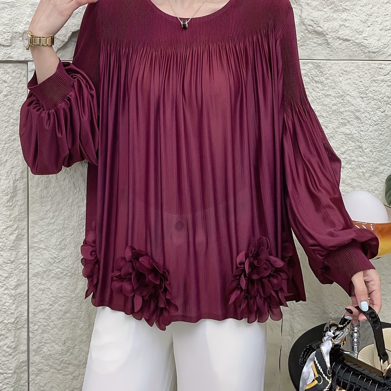 Women's Oversized Pleated Blouse with Floral Applique Light Blue Long Sleeve