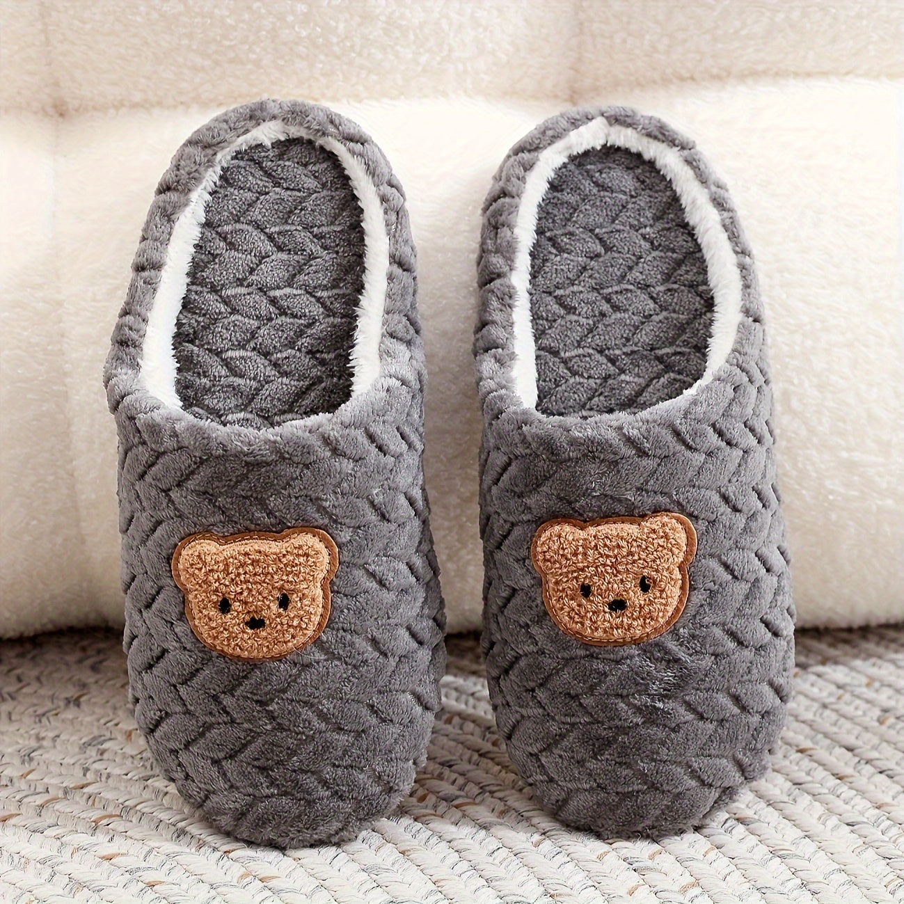 Men's Indoor Slippers with Bear Design Soft Fabric Warm Fuzzy Lining Lightweight Black White
