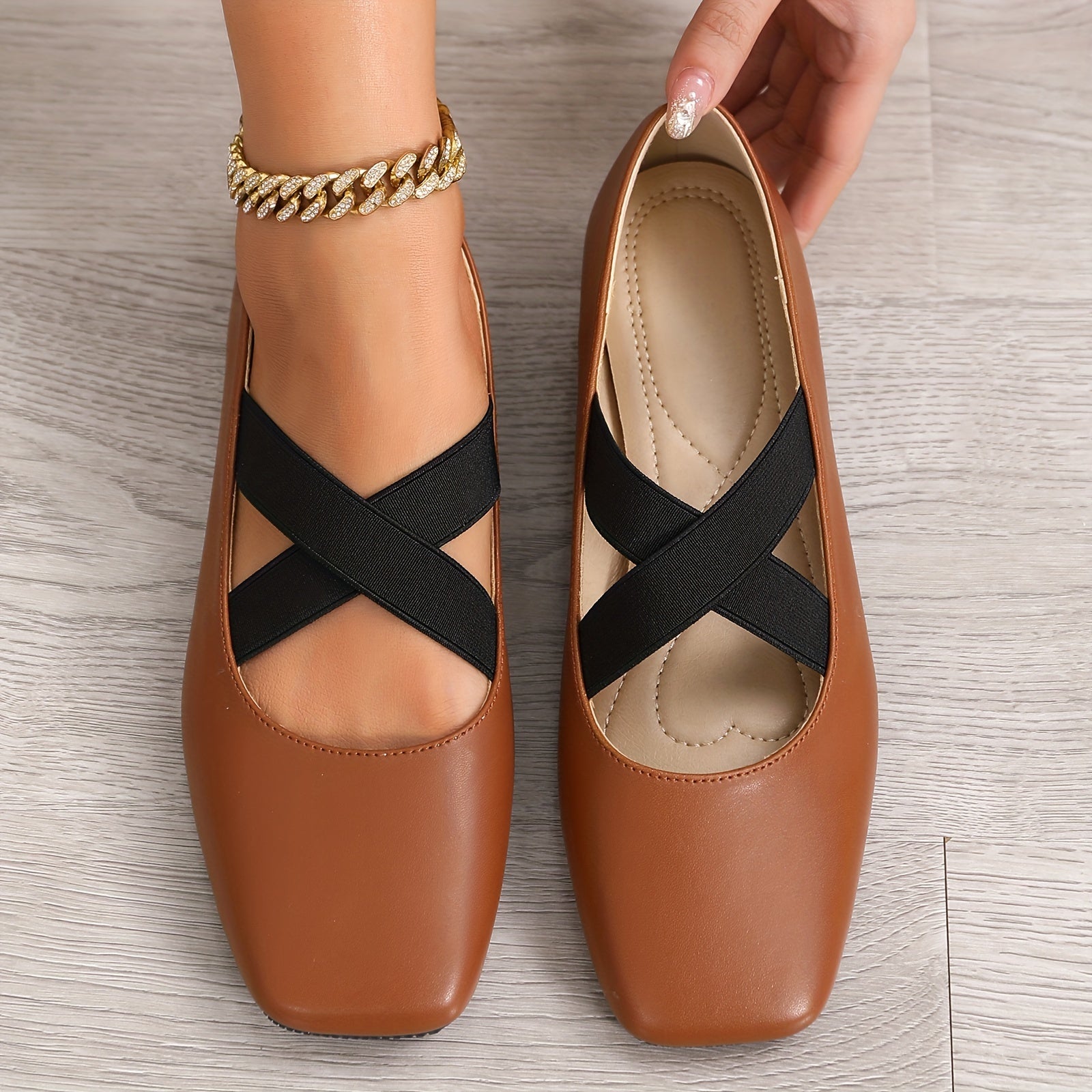 Zapatos planos de punta cuadrada para mujer, bailarinas slip-on con correas elásticas