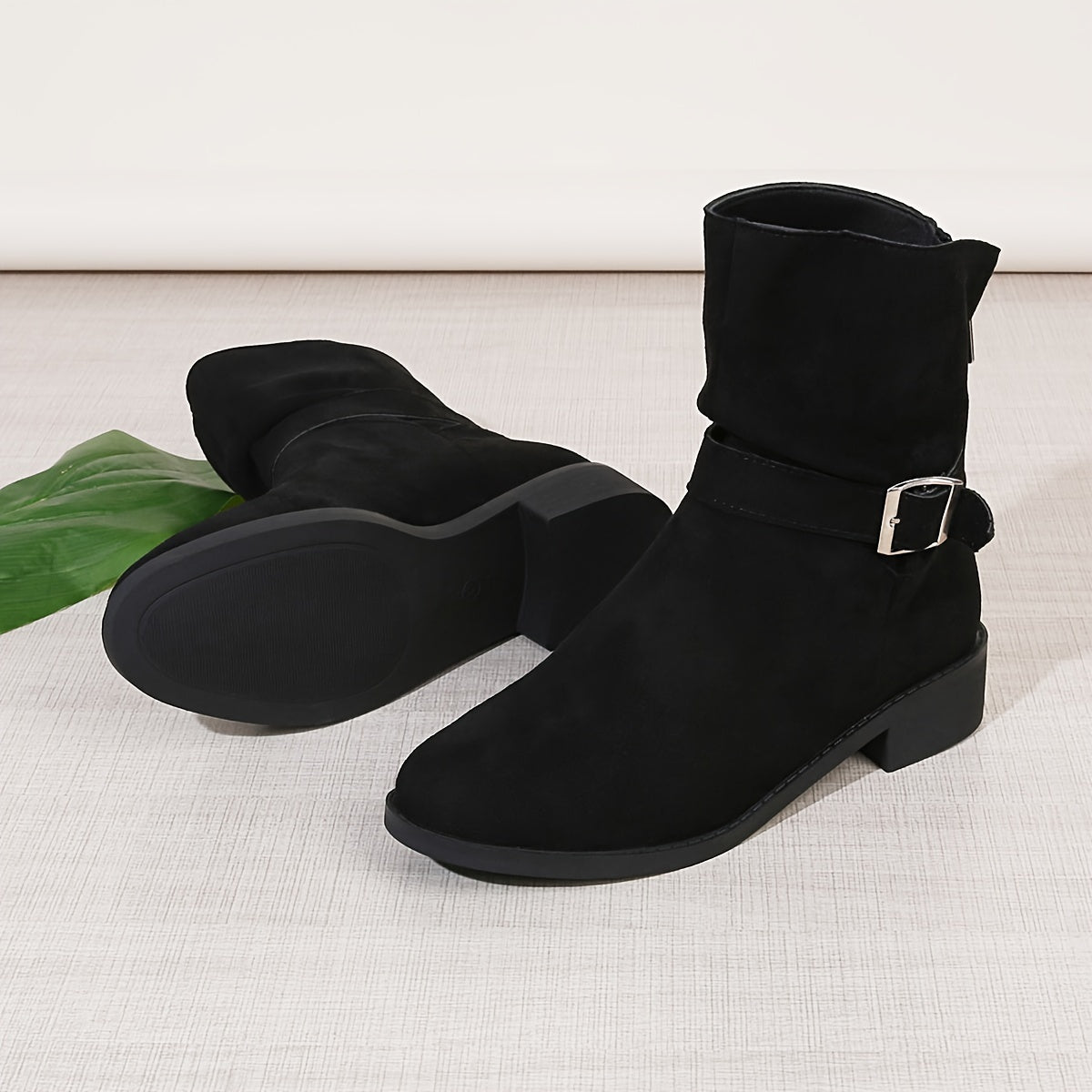 Women's Fleece-Lined Mid-Calf Boots Chunky Heel Side Zipper Casual