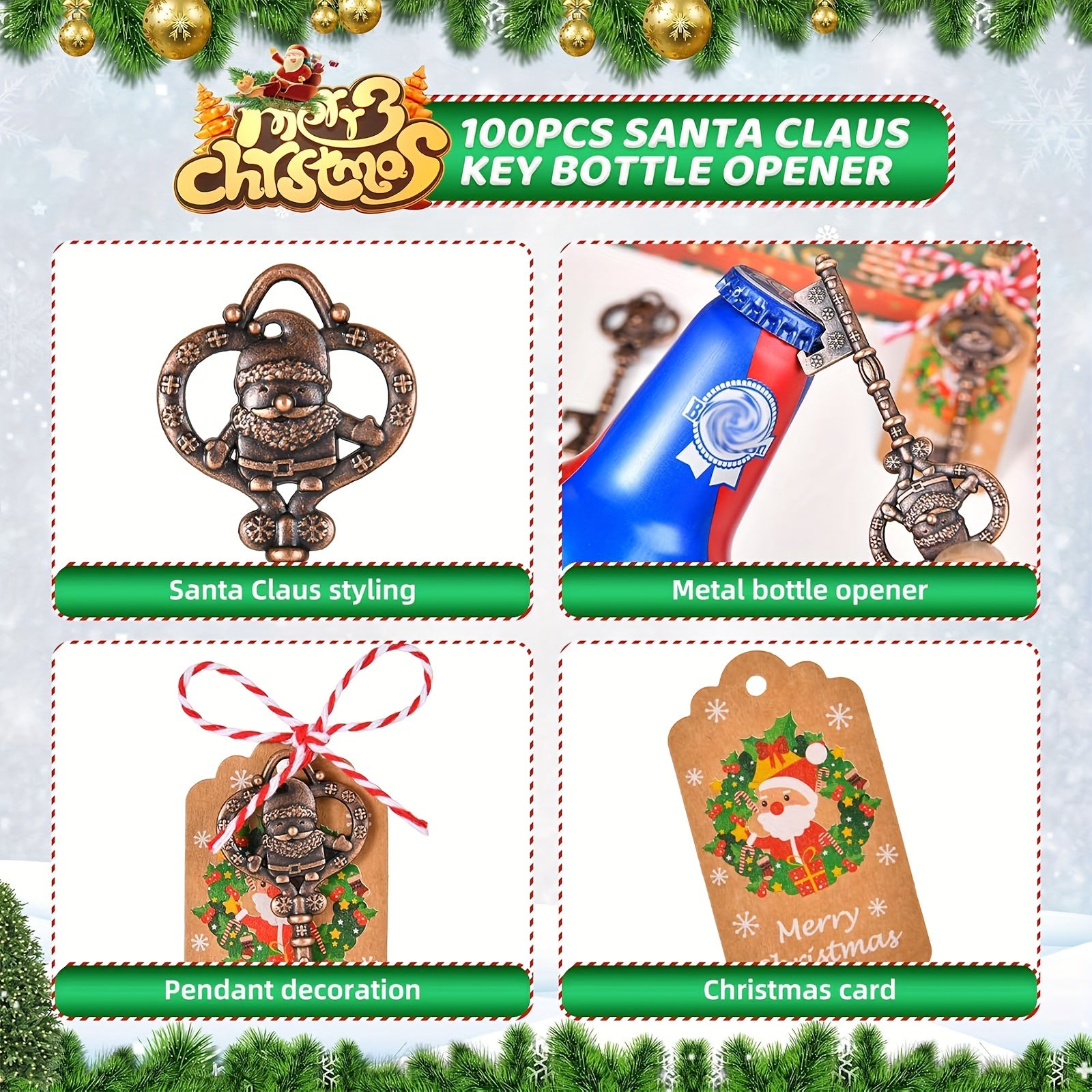 Santa Claus Bottle Openers Set for Christmas Party Favors with Cards and Ropes