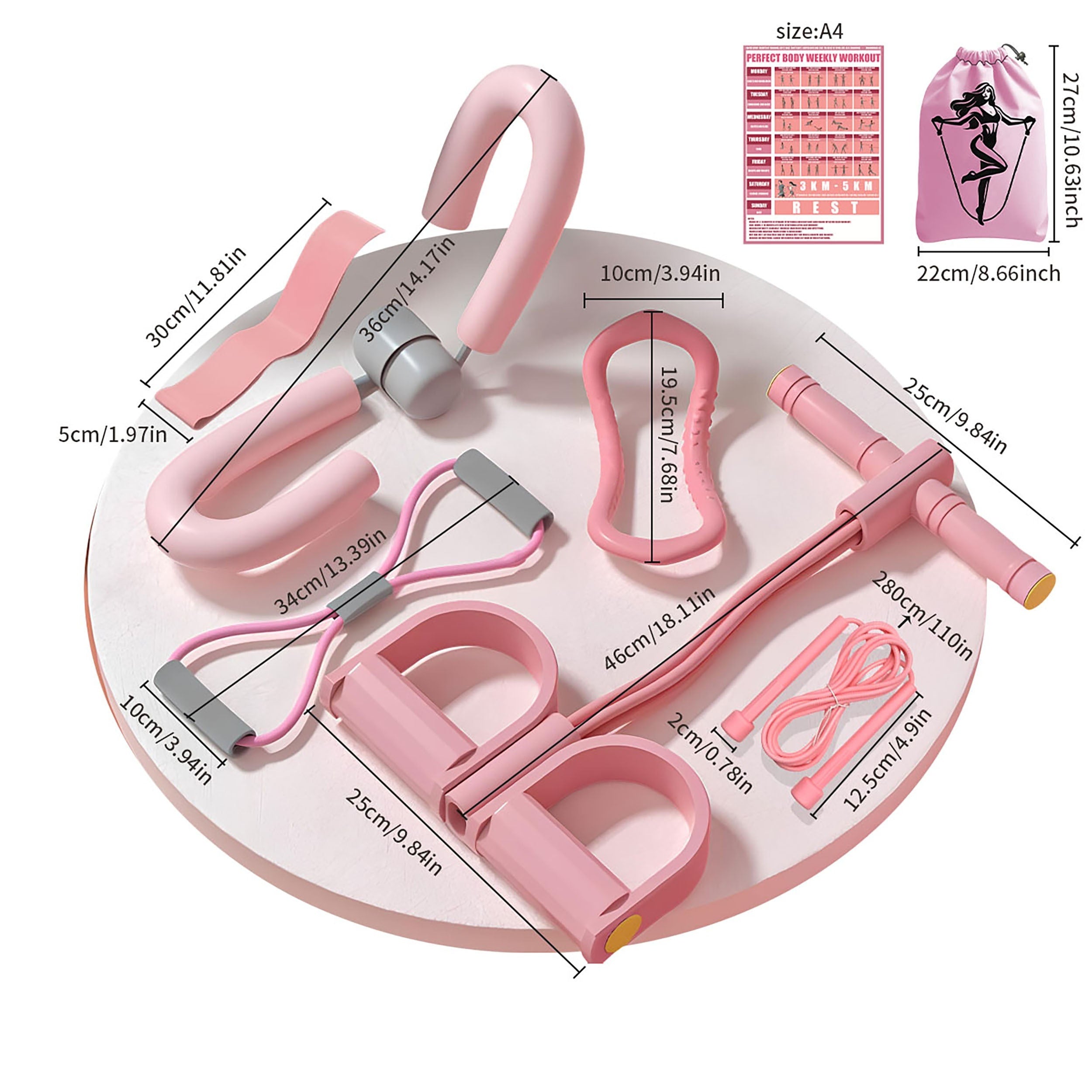 8-chiqishli Yoga Fitness to'plami EVA materialidan tayyorlangan, qarshilik lentlari, sakrash lenti, yoga halqalar va saqlash sumkasi bilan