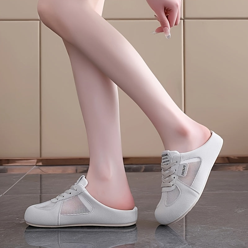 Women's Beige Slip-On Sneakers Breathable Mesh Summer Casual Flats