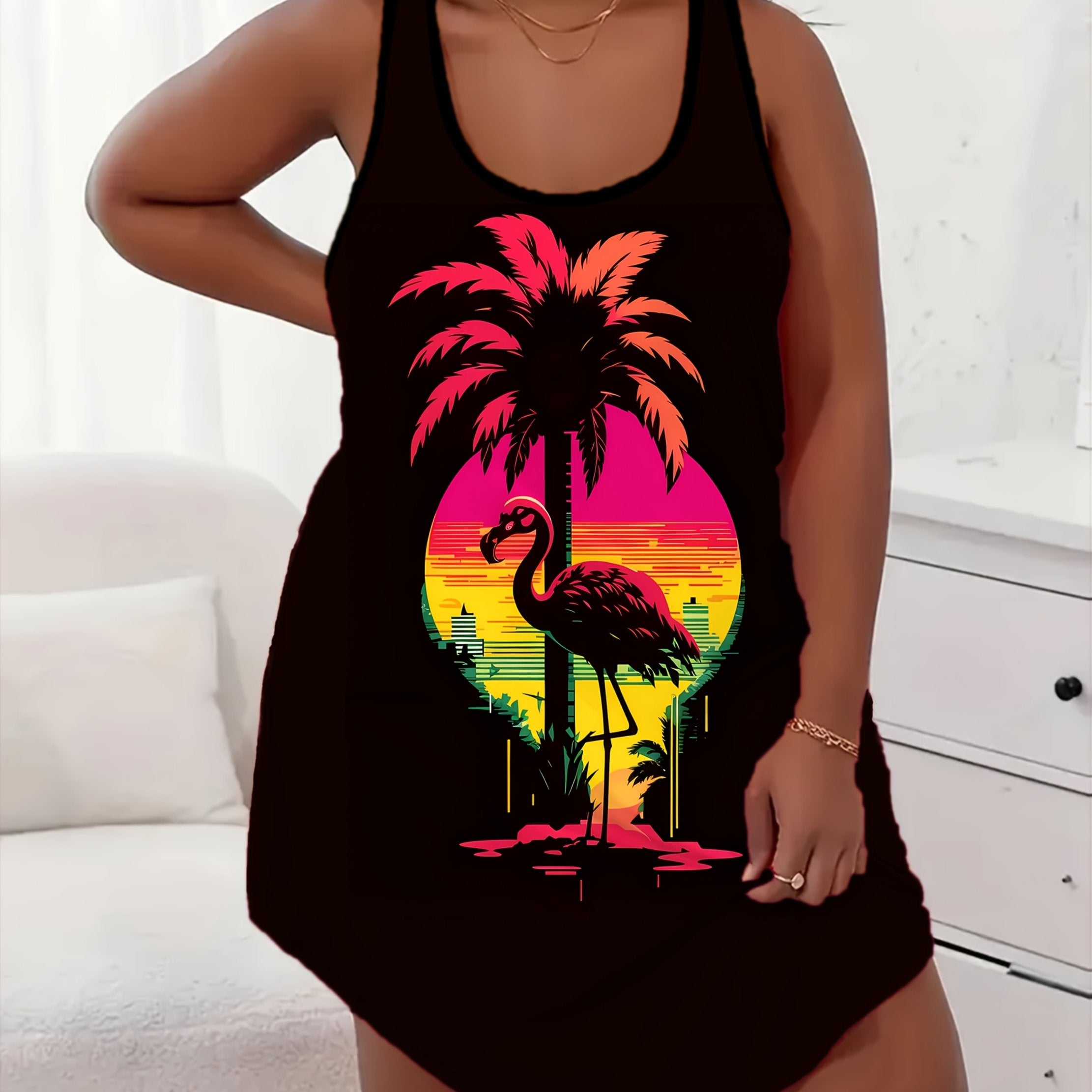 Plus Size Women's Tropical Flamingo Print Sleep Dress Off-Shoulder Soft Stretchy Fabric