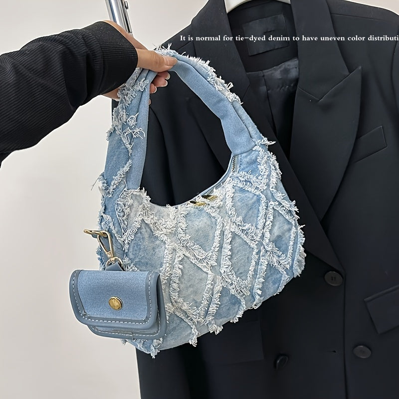 Light Blue Denim Shoulder Bag with Diamond Pattern and Fringe Detail