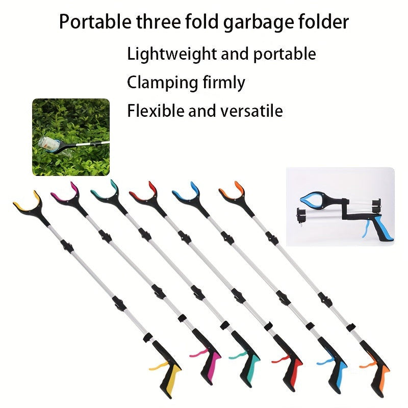 Portable trifold garbage clip with long handle for sanitation cleaning