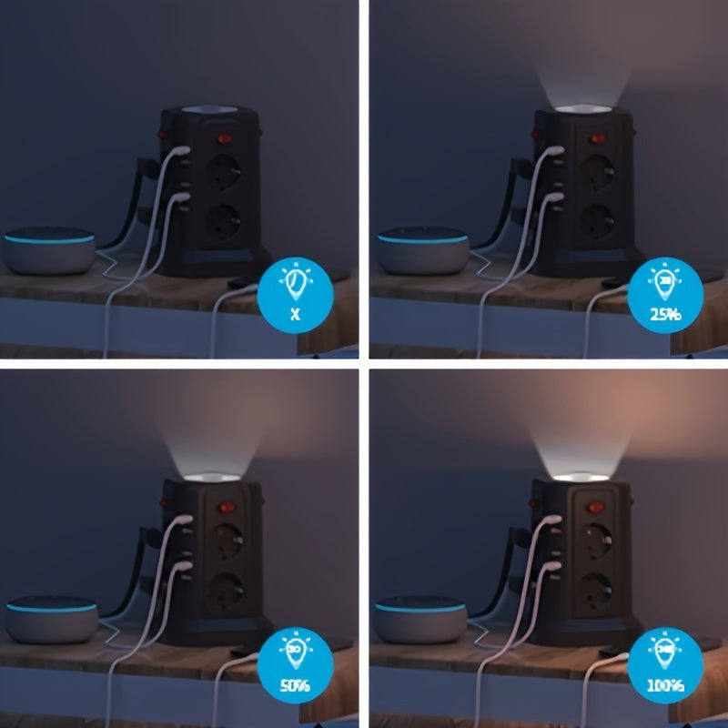 13-в-1 удлинитель с 5 USB-портами, 8 розетками AC, ночником, кабелем длиной 3 м