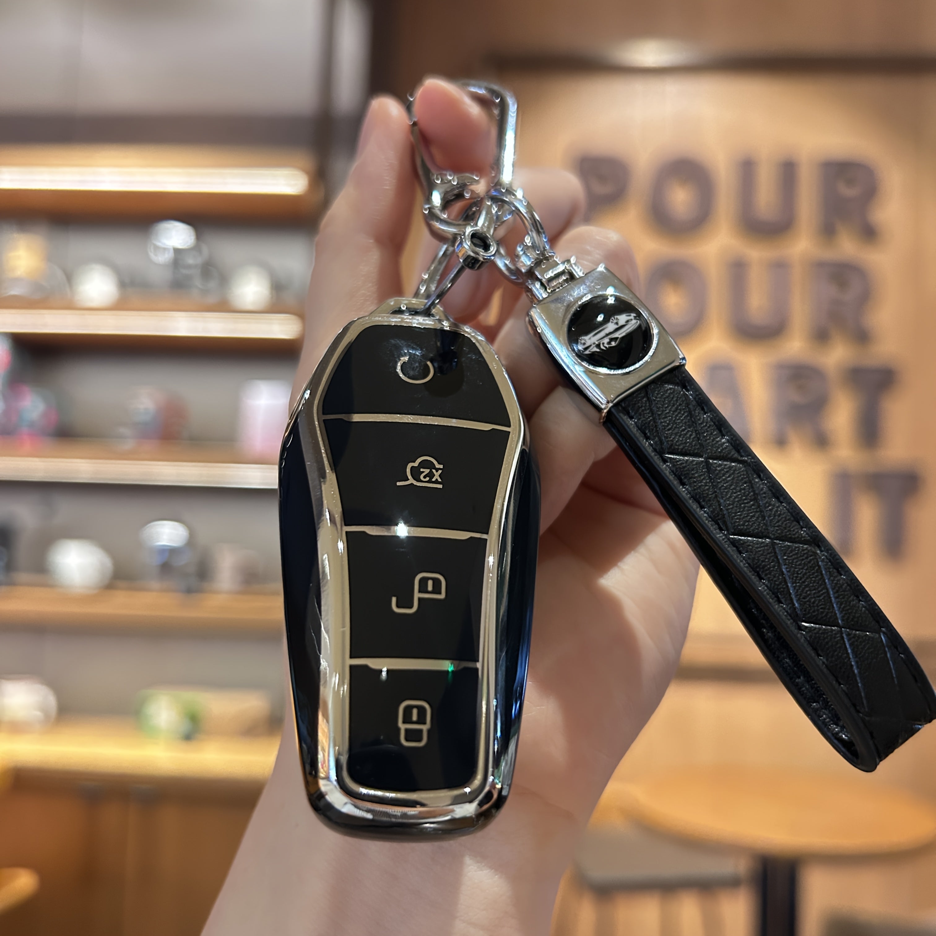 Car Key Shell TPU Soft Flexible Cover for 4-Button Key with Keychain