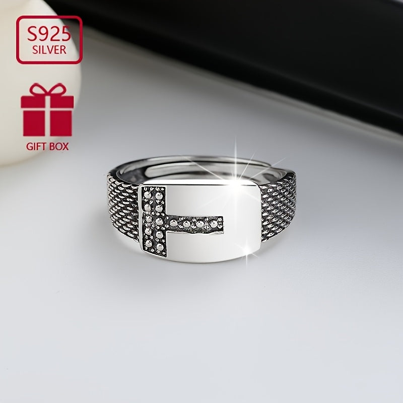 VIGG S925 Sterling Silver Hip Hop uslubidagi geometrik T-shaklidagi sozlanadigan ochiq uzuk erkaklar va ayollar uchun, uniseks punk festival moda zargarlik buyumlari, kundalik kiyish va barcha mavsumlar uchun mukammal