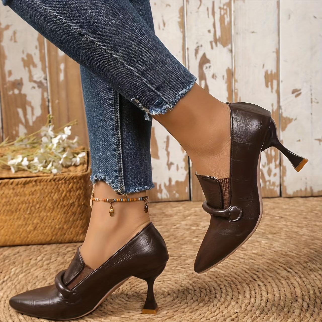 Women's Faux Leather Mary-Jane Heels with Pointed Toe and Chunky Mid-Heel