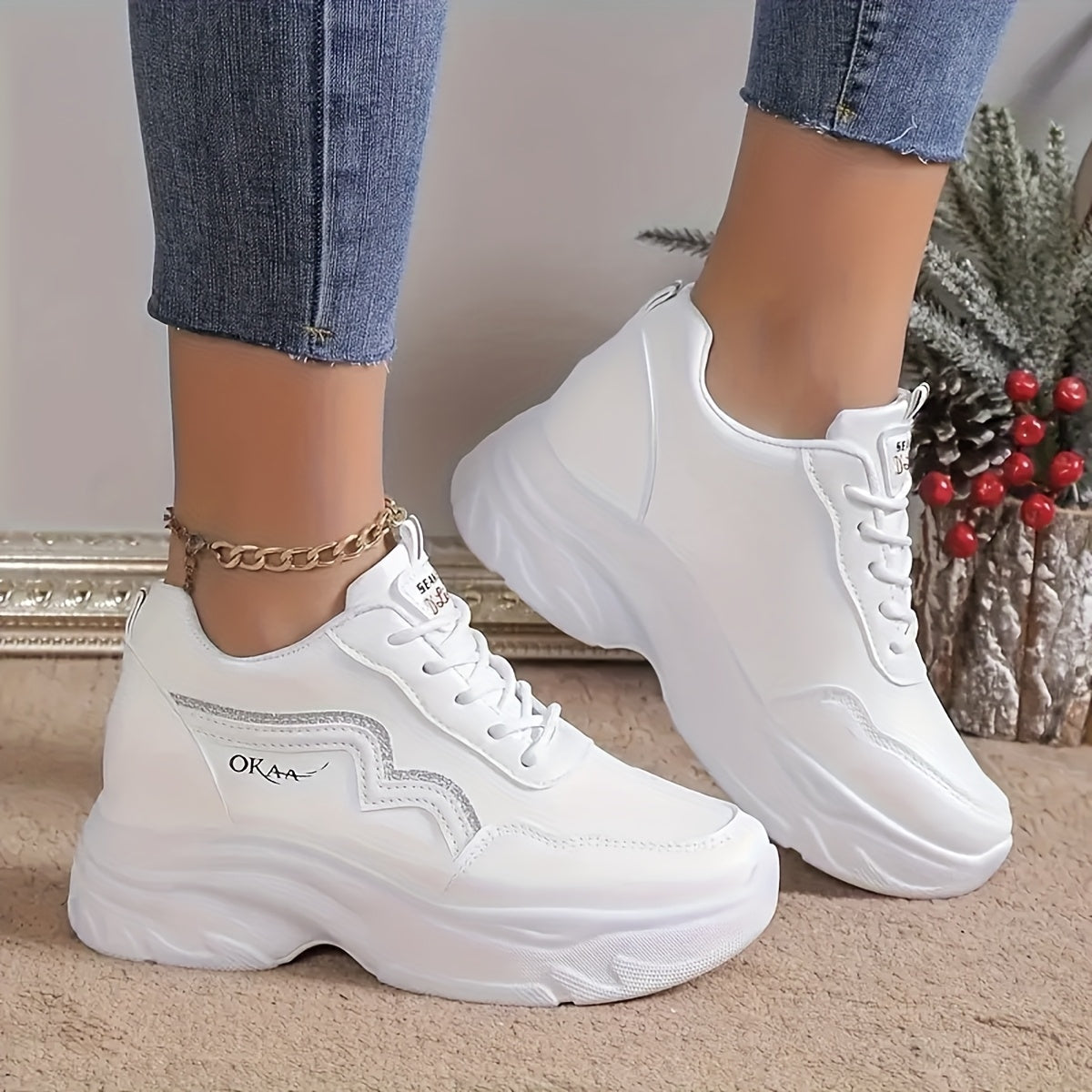 Women's Breathable Mesh Chunky Dad Sneakers White Low-Top Casual Athletic