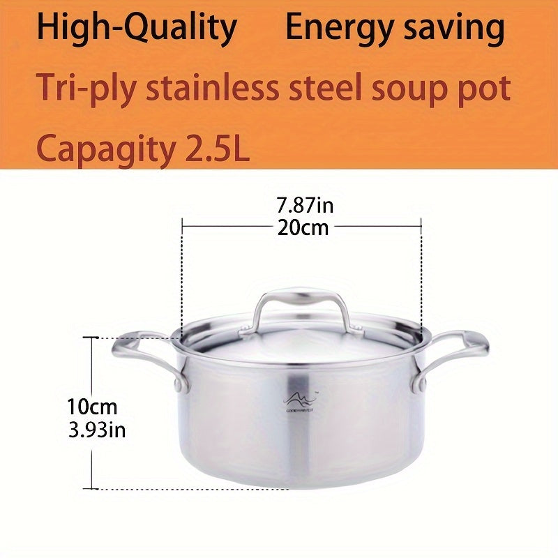 2.5L Tri-Ply Stainless Steel Soup Pot Induction Compatible Durable Cookware