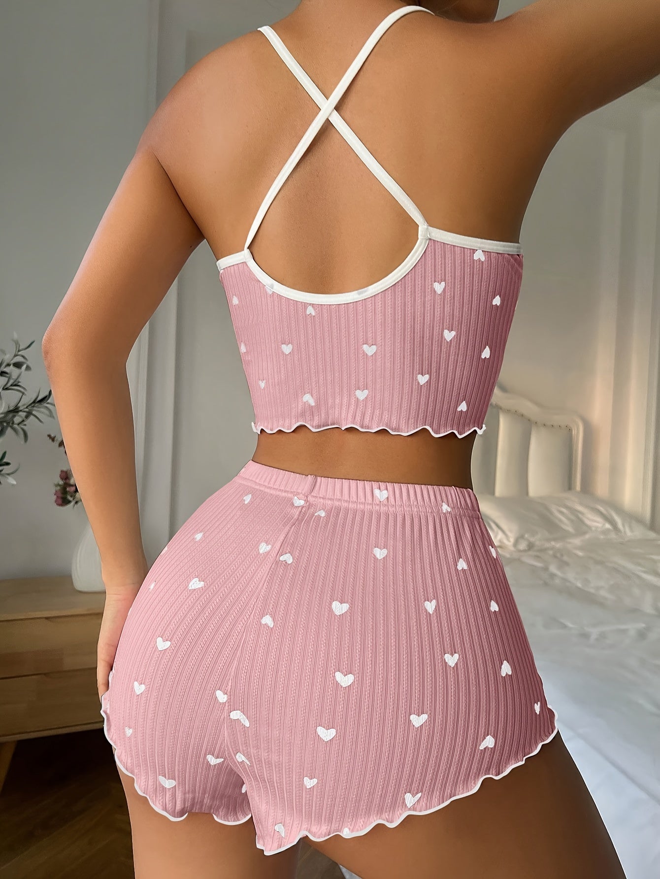 Heart Print Pajama Set with Frill Trim Backless Crop Top and Shorts for Women