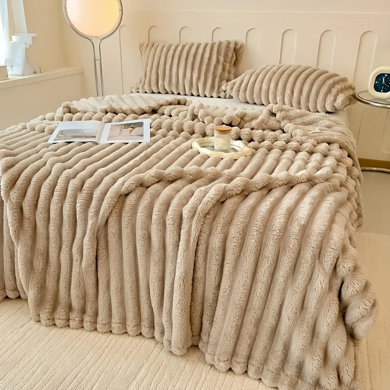 Striped Faux Fur Throw Blanket Cozy Plush for Couch Bed Travel All-Season