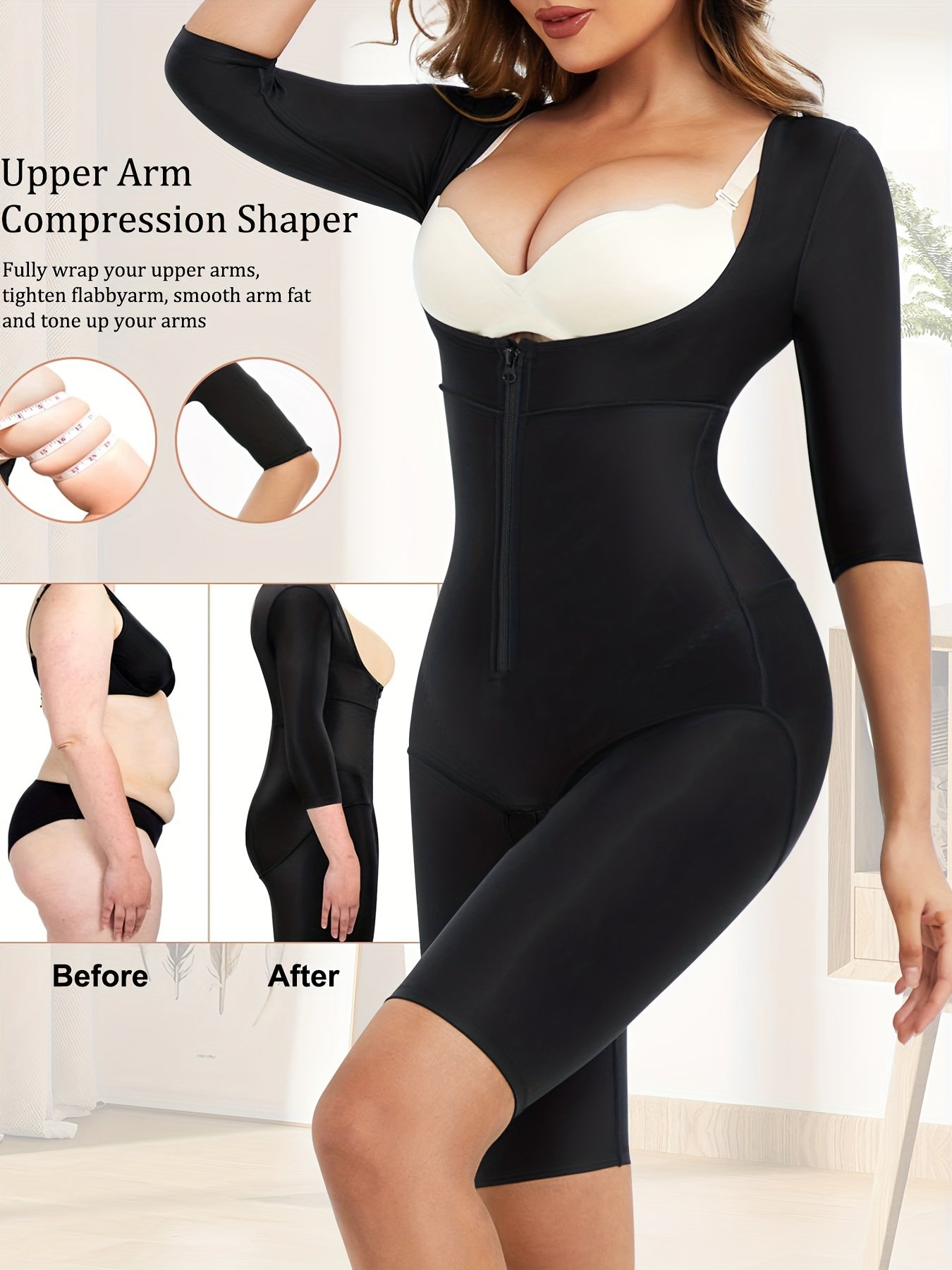 Black Zipper Shaping Romper for Women Tummy Control Butt Lifting Seamless Body Shaper