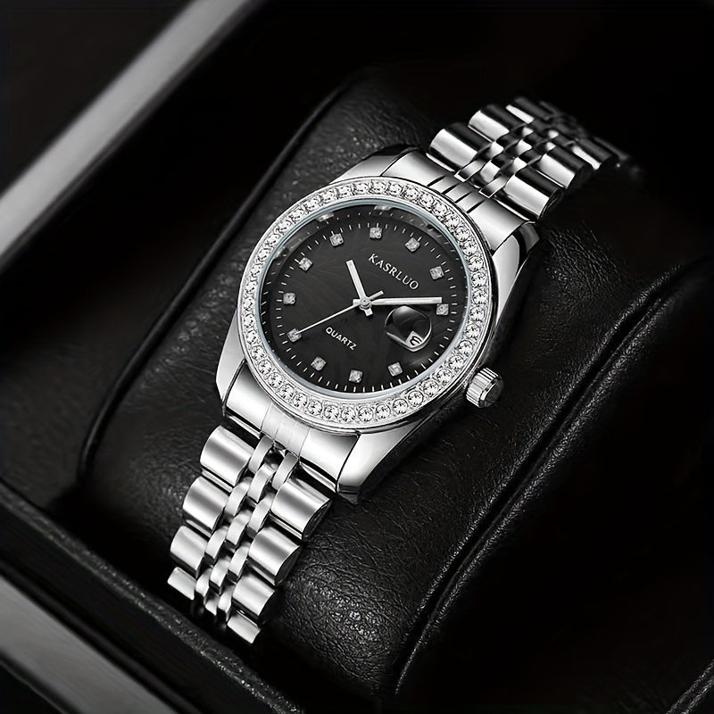 Women's Rhinestone Quartz Watch with Moon-Phase Calendar and Stainless Steel Band