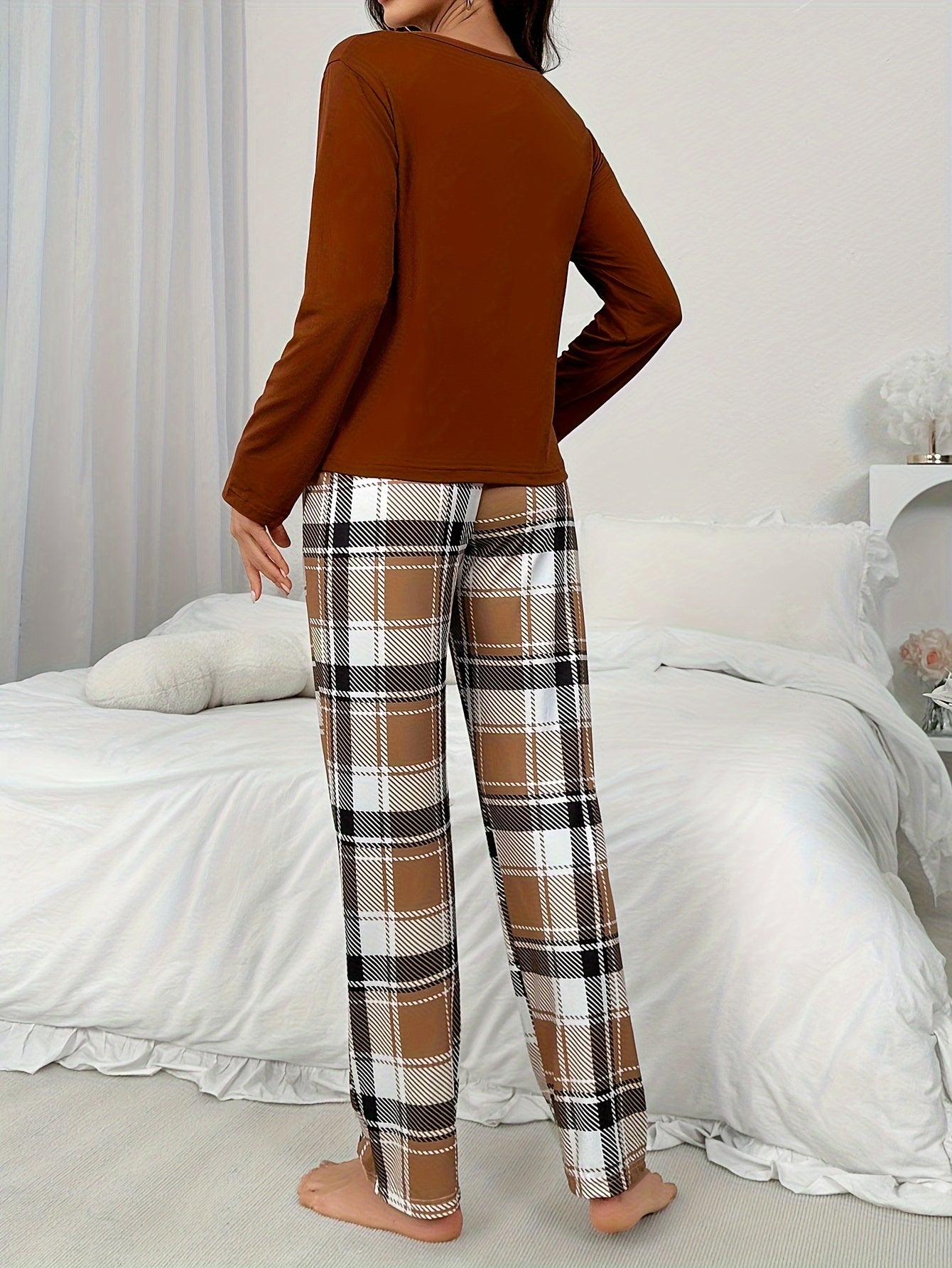 Women's Plaid Pajama Set Polyester Micro Elasticity Crew Neck Autumn Lounge Sleepwear