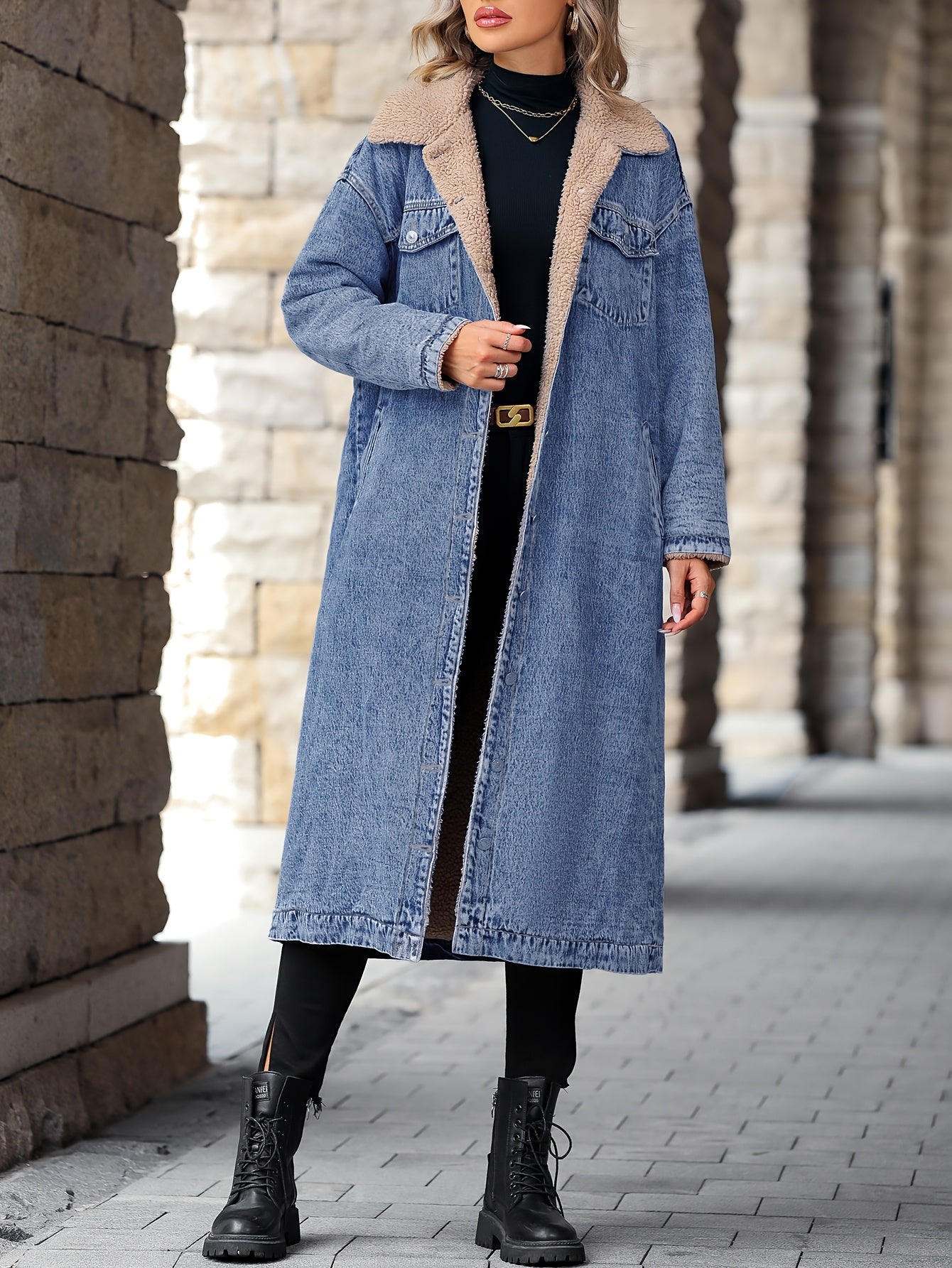 Plus-Size Fleece-Lined Denim Jacket for Women Fall Winter Cozy Warm Woven Solid