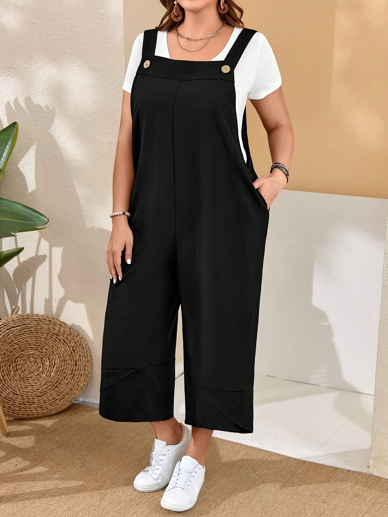 Plus Size Womens Black Jumpsuit with Pockets and Gold Buttons for Work or Casual