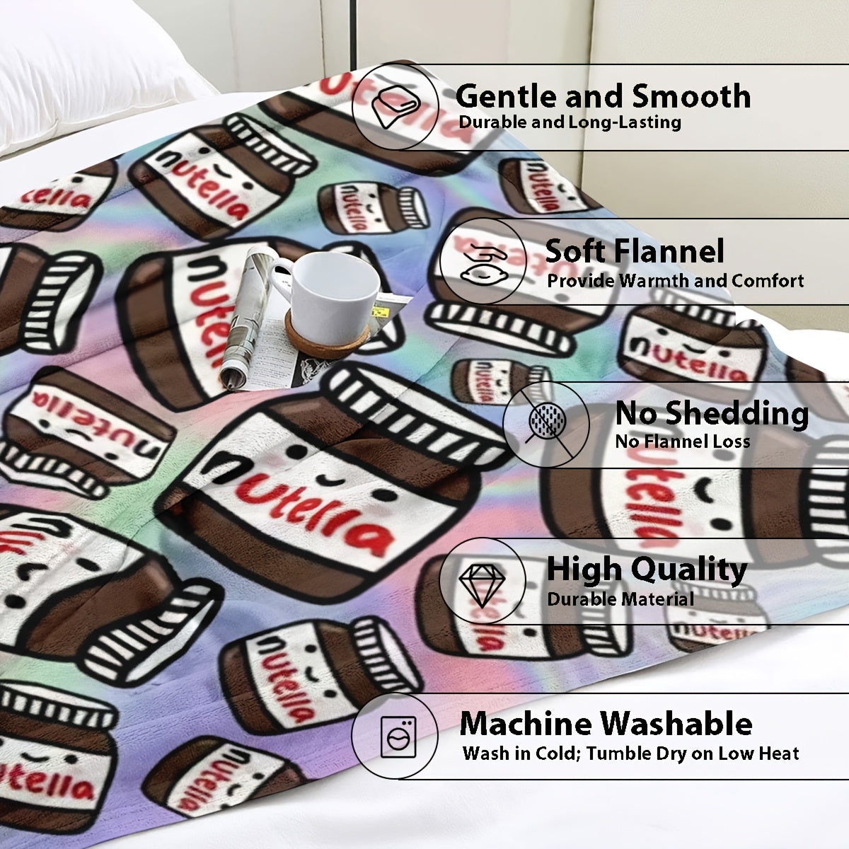 Nutella-Themed Flannel Throw Blanket Warm Cozy All-Season Home Office Travel Camping
