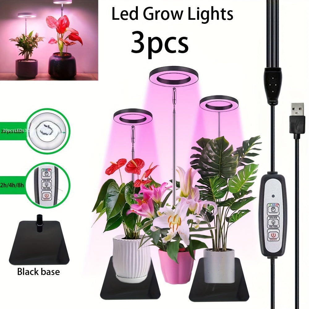 Juego de 3 luces de cultivo LED de espectro completo con soporte, altura ajustable, temporizador automático y brillo regulable