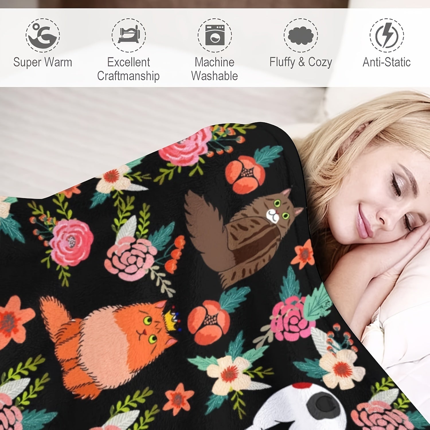 Knitted Polyester Wearable Blanket with Vintage Animal and Floral Design for Adults