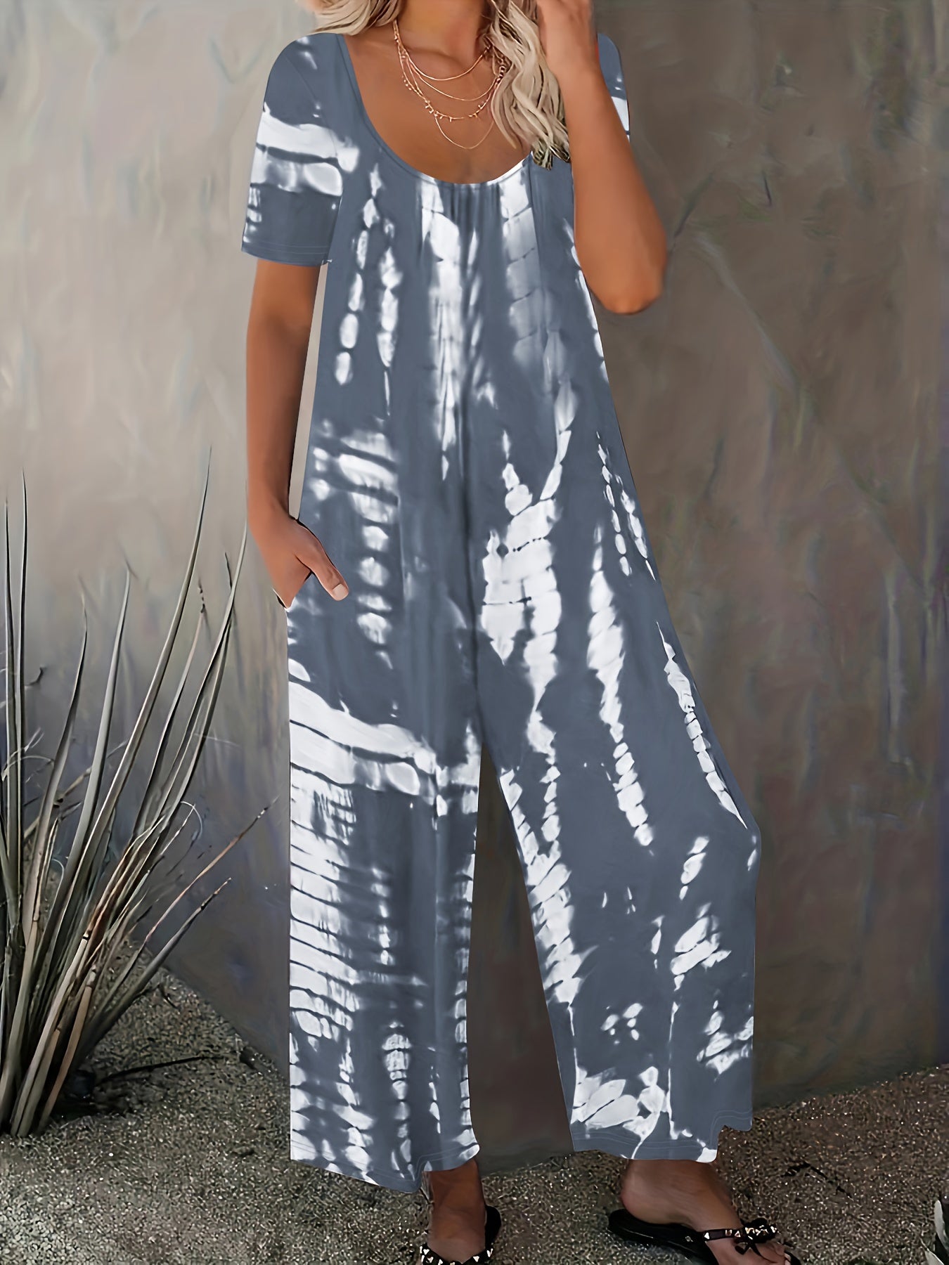 Women's Printed Wide-Leg Jumpsuit With Pockets Casual Summer