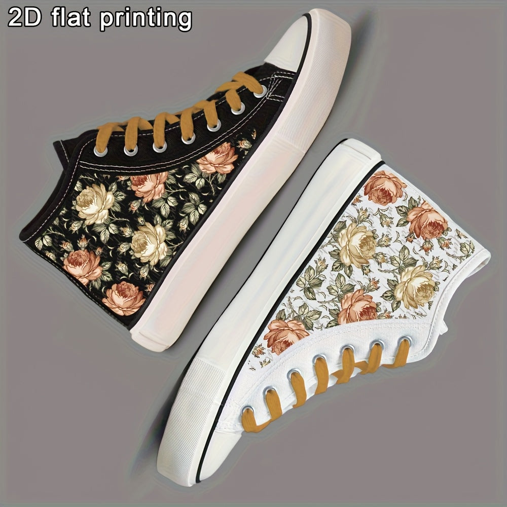 Women's Floral Print Skate Sneakers Black White Casual Lace-Up Flat Shoes