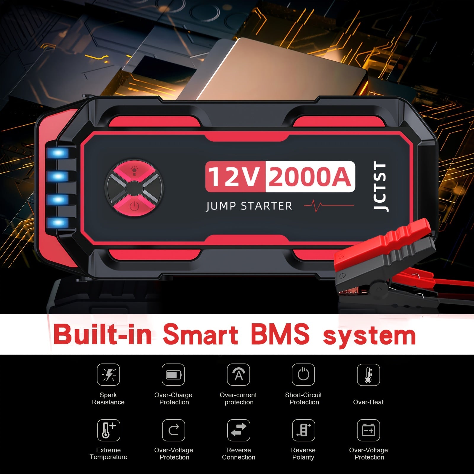Portable Car Jump Starter 2000A Peak Lithium Battery with Safety Clamps