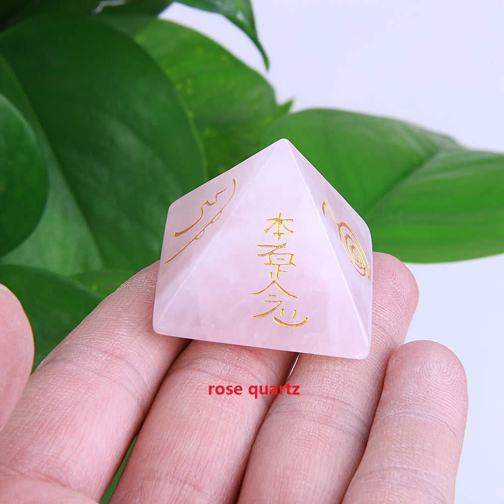 Hand-Carved Reiki Symbol Pyramid Natural Stone with Healing Crystals for Meditation and Gift