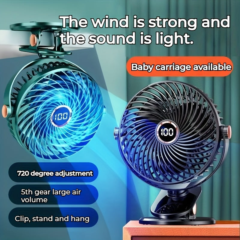 Black Portable Clip-On Fan with 360° Rotation, 5 Speeds, Battery Operated