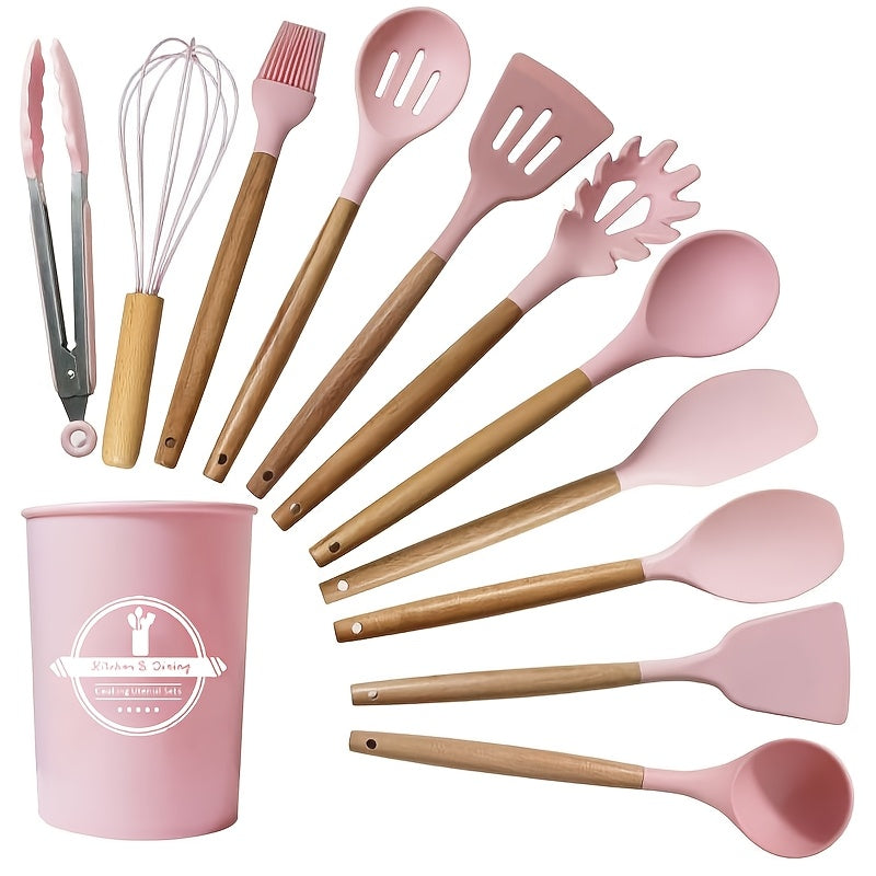 Silicone Kitchen Utensil Set 12 Pieces Non-Stick Food-Safe Cooking Tools with Wooden Handles