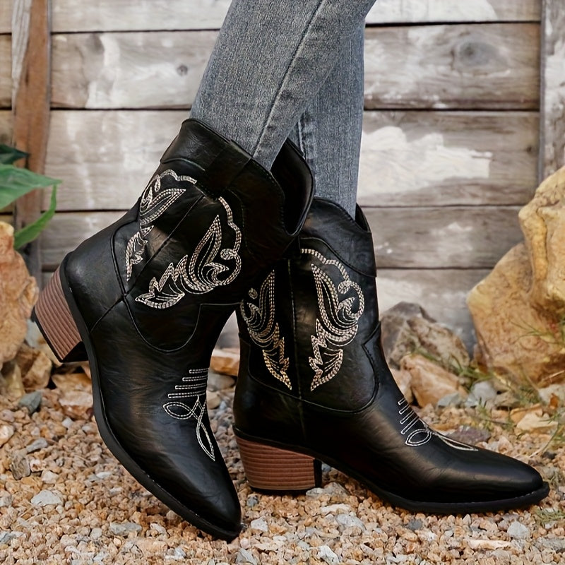 Women's Western Embroidered Cowboy Boots Black Pointed Toe Slip-On