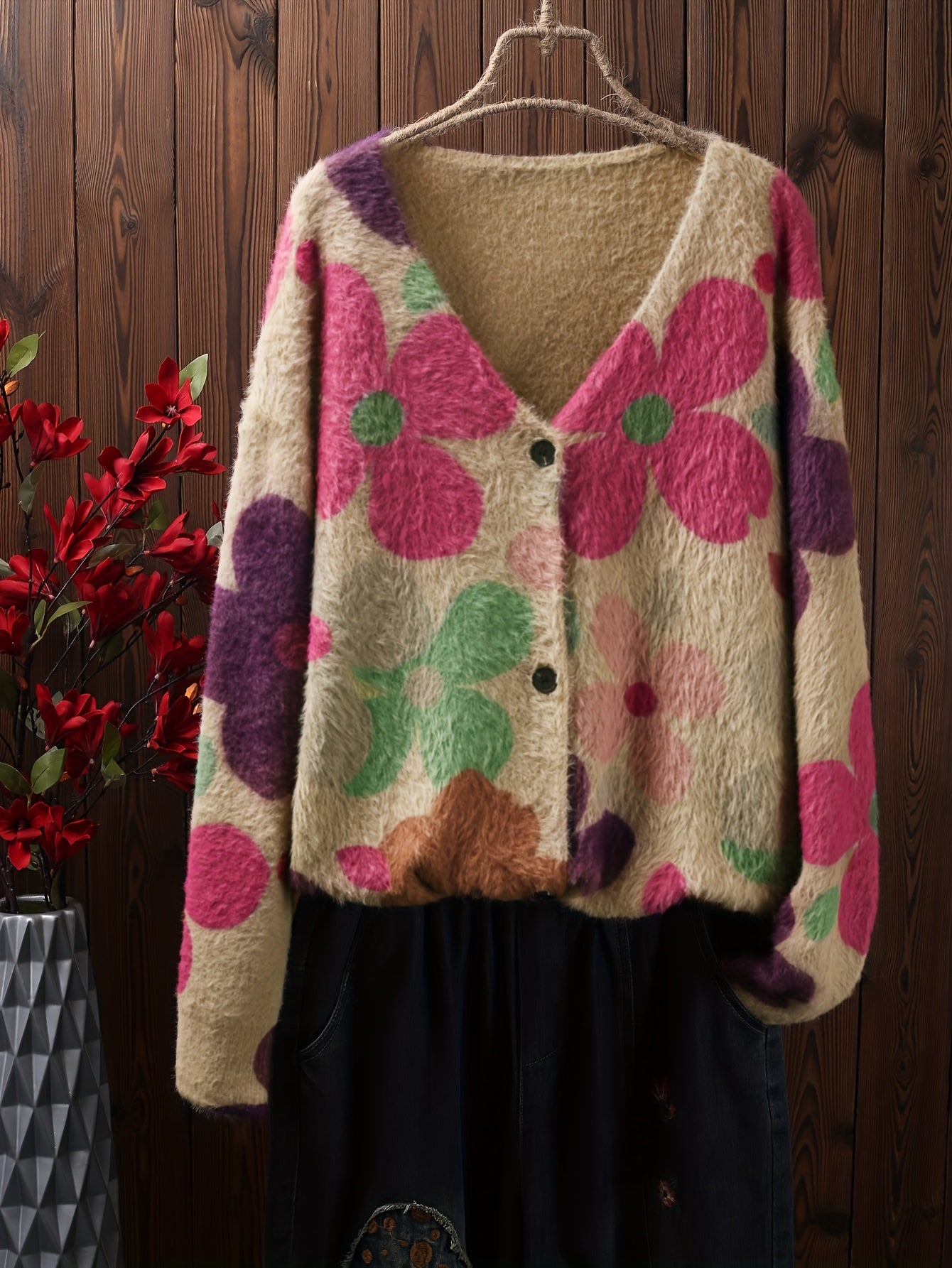 Women's Floral Print V-Neck Button Cardigan Sweater Loose Fit Open Front