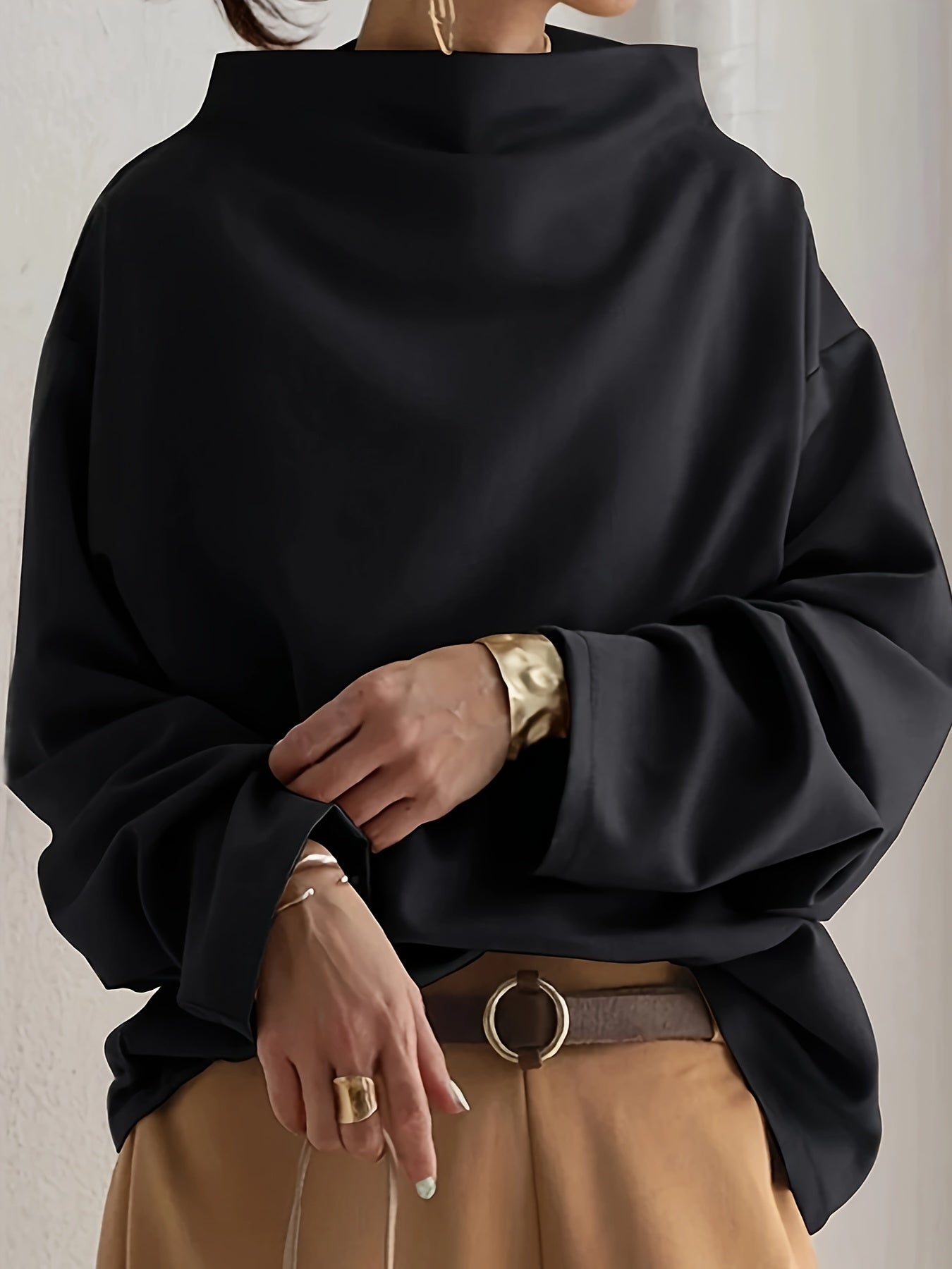 Plus Size Women's Black High-Neck Pullover Sweatshirt Casual Fall Winter