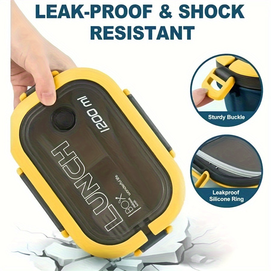 Two-Layer Bento Lunch Box with Fork and Spoon 1200ml Microwave Safe Plastic for Students and Office