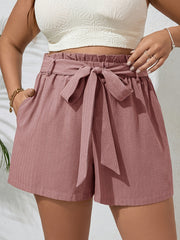 Pantalones cortos casuales de talla grande para mujer con cintura alta y cordón ajustable
