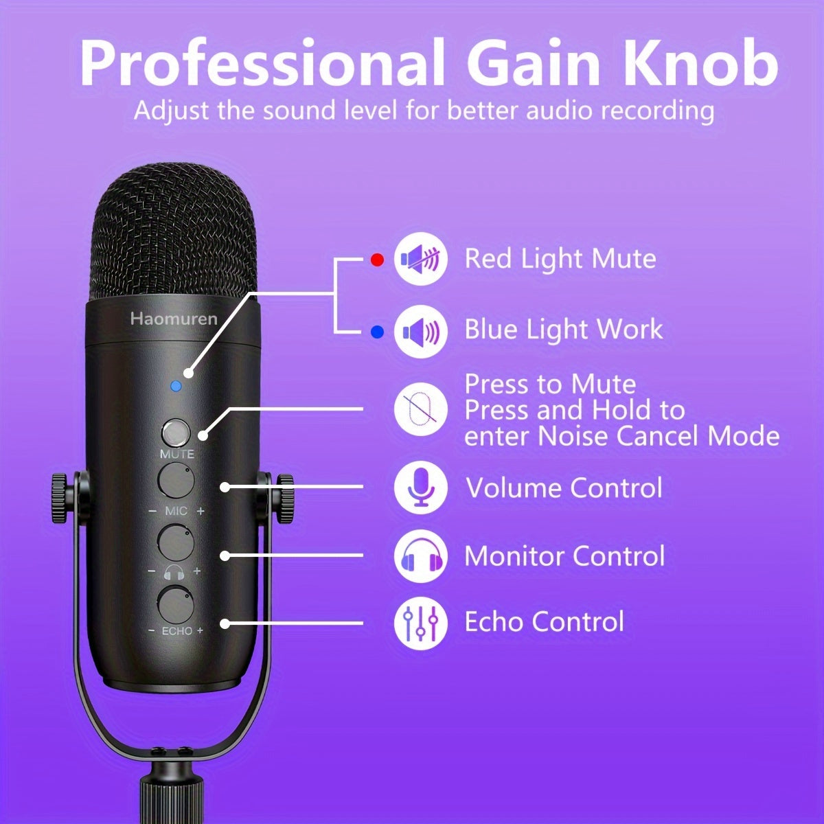 Kit de micrófono para juegos USB con brazo de soporte micrófono supercardioide botón de silencio eco volumen