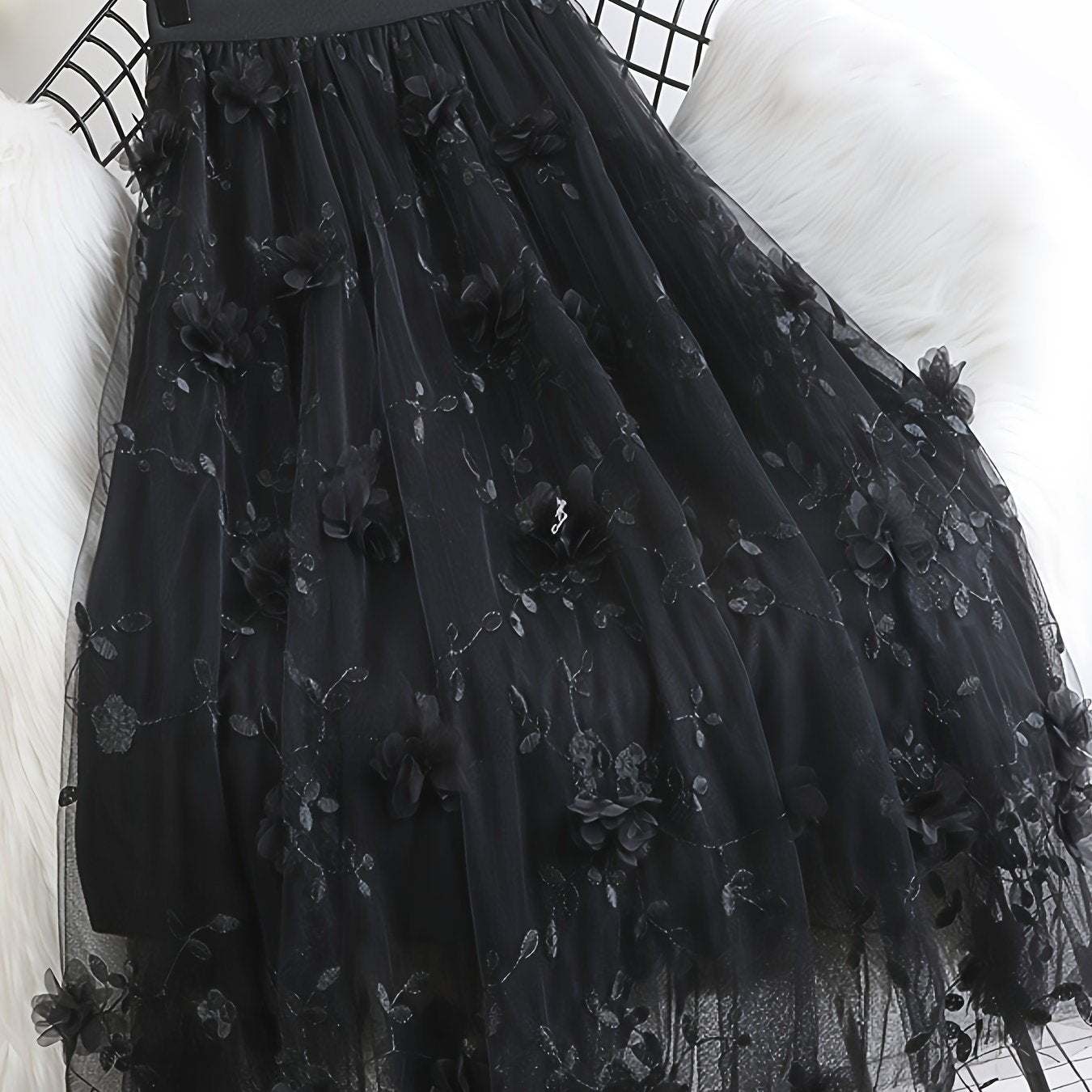 Women's High-Waist A-Line Midi Skirt with Tulle and Floral Embroidery Black Spring Summer Polyester