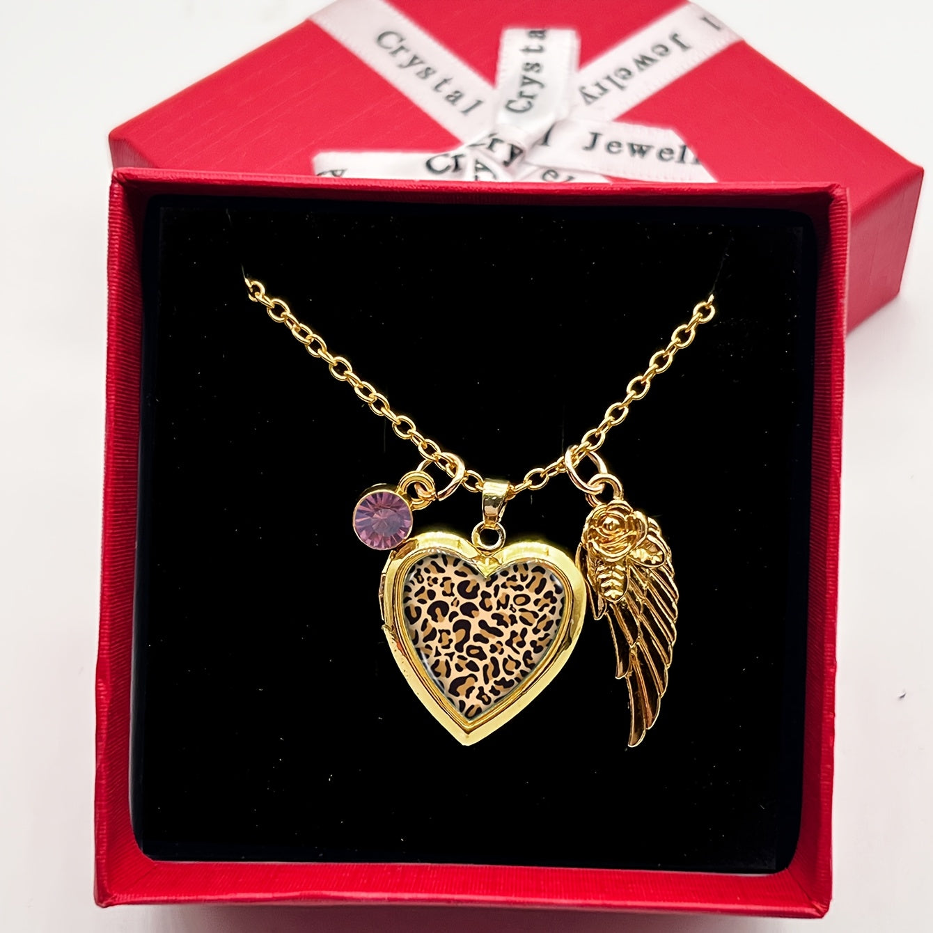 Heart-Shaped Photo Locket Necklace with Leopard Print December Birthstone Rhinestones Copper Gold