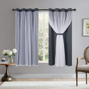 Grey Blackout Curtains with White Sheer Voile Double Layer Grommet Bedroom Window Treatment