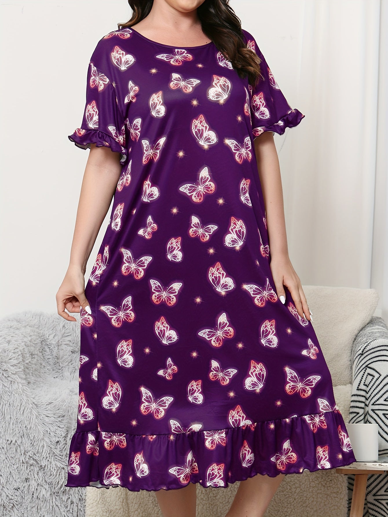Plus Size Women's Butterfly Print Sleep Dress Short Sleeve Nightgown Loungewear