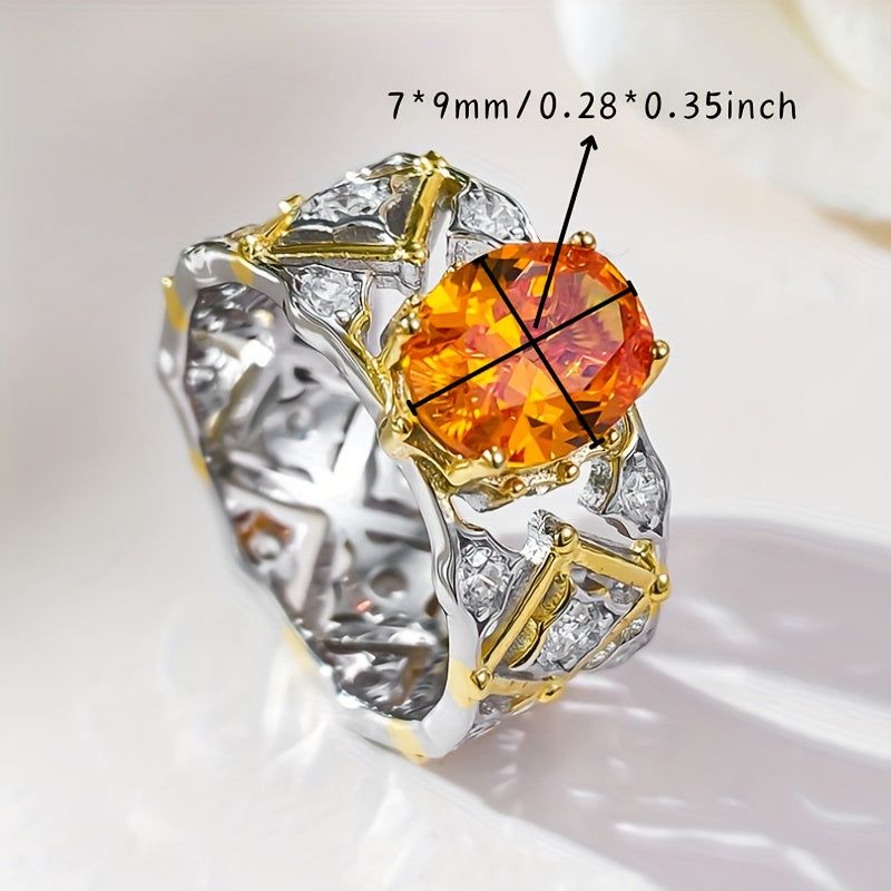 Sterling Silver Ring with Synthetic Fanta Orange Oval Gemstone 7x9mm Vintage Style Jewelry for Women
