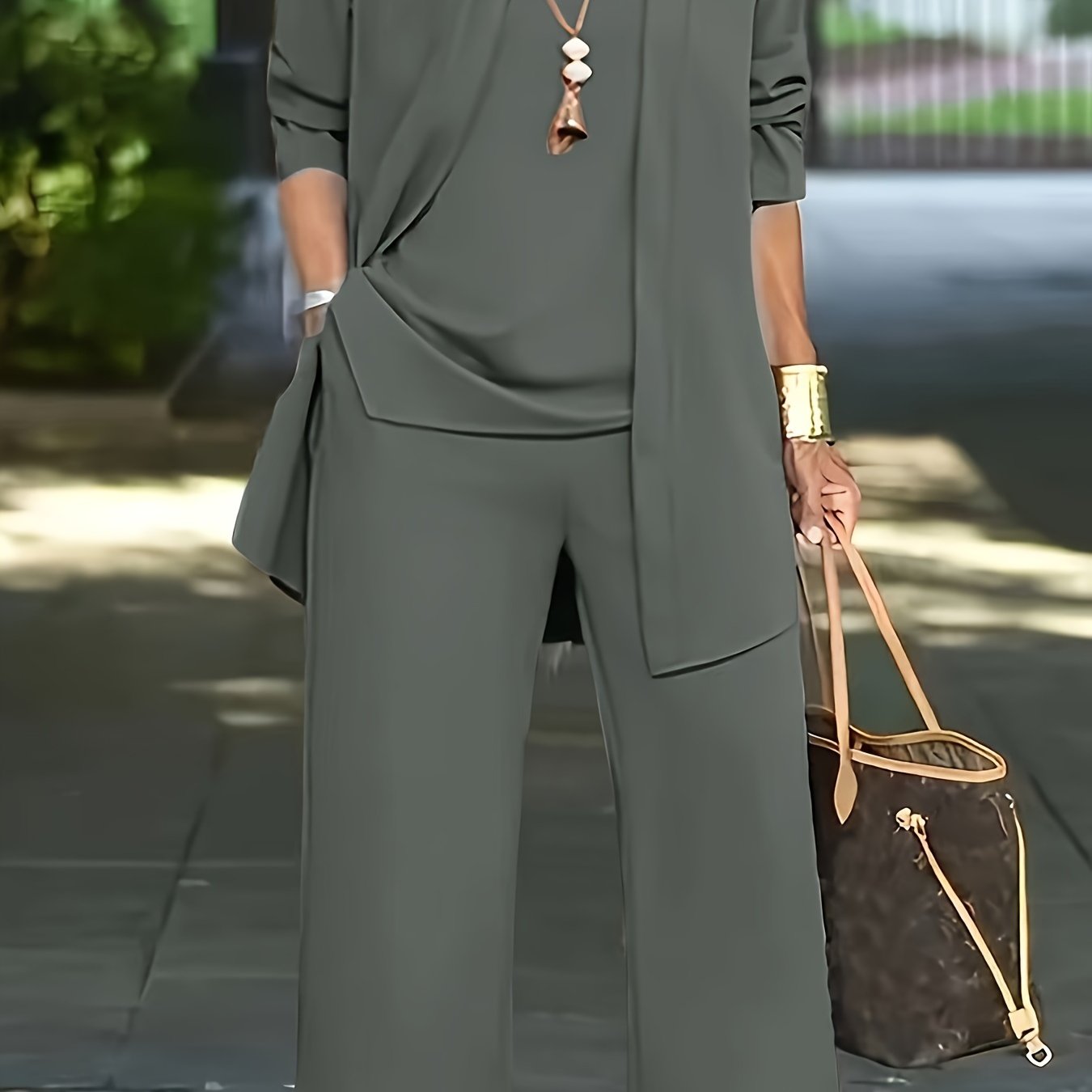 Women's Brown Two-Piece Set Long Sleeve Cardigan Wide Leg Pants Polyester Casual Elegant